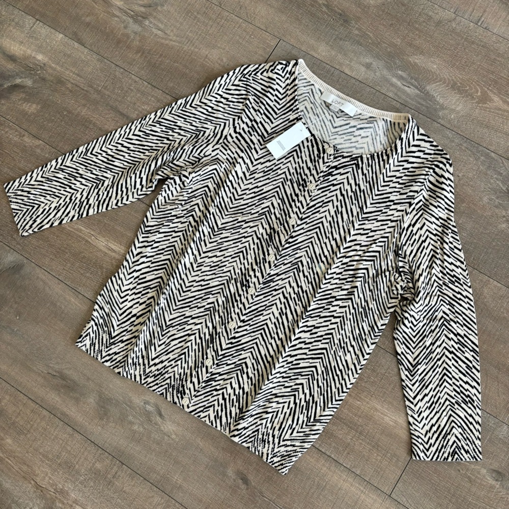Ann Taylor Loft Tan & Black Herringbone Pattern Button-Up Sweater Cardigan Large